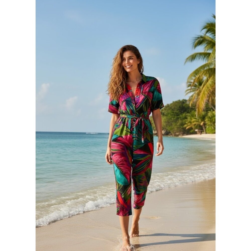 NWT Farm Rio Midnight Leaves Jumper Tropical Print Soft Fluid Belted Jumpsuit S